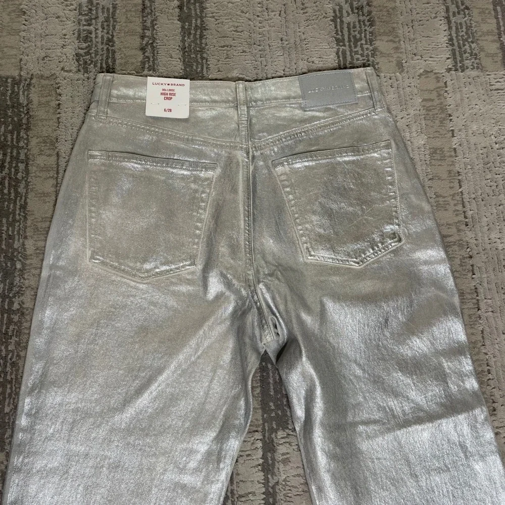 NEW Lucky Brand 90s Loose High Rise Crop Metallic Silver‎ Stretch Jeans 6/28